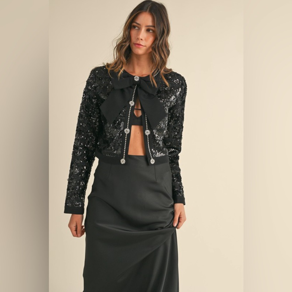 Sequin Black Jacket with Bow Detail